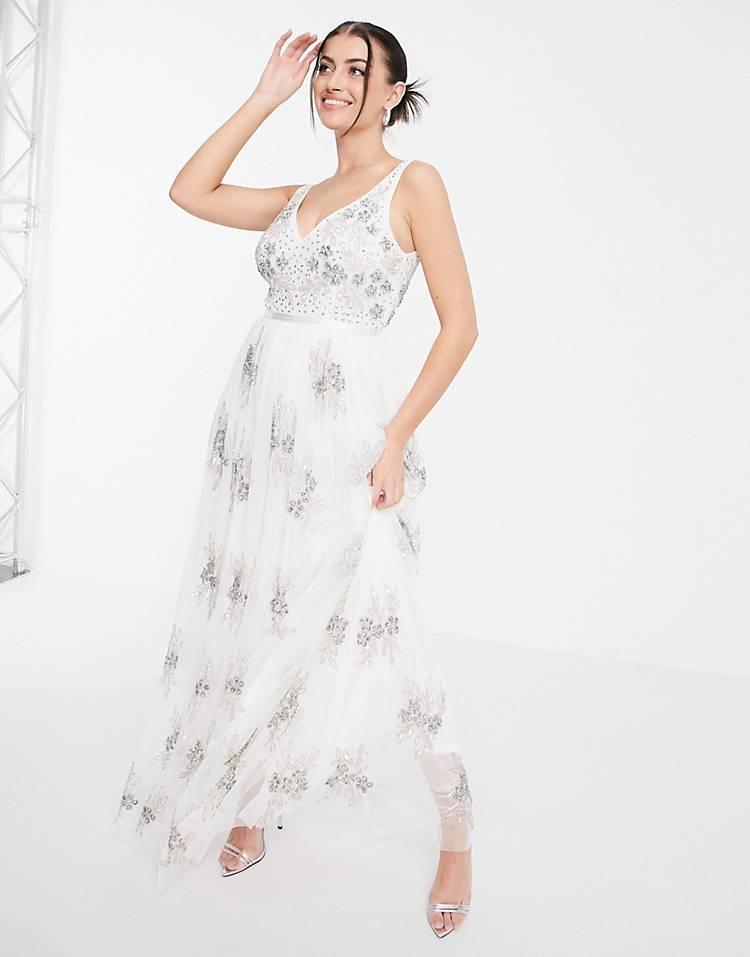 vestido de fiesta para boda blanco y con estampado