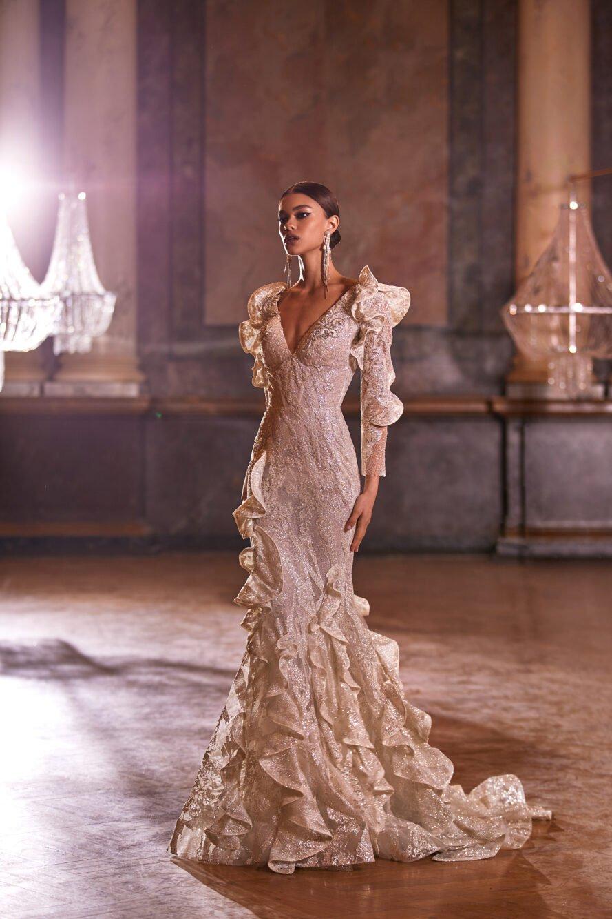 vestido de novia corte sirena con holanes