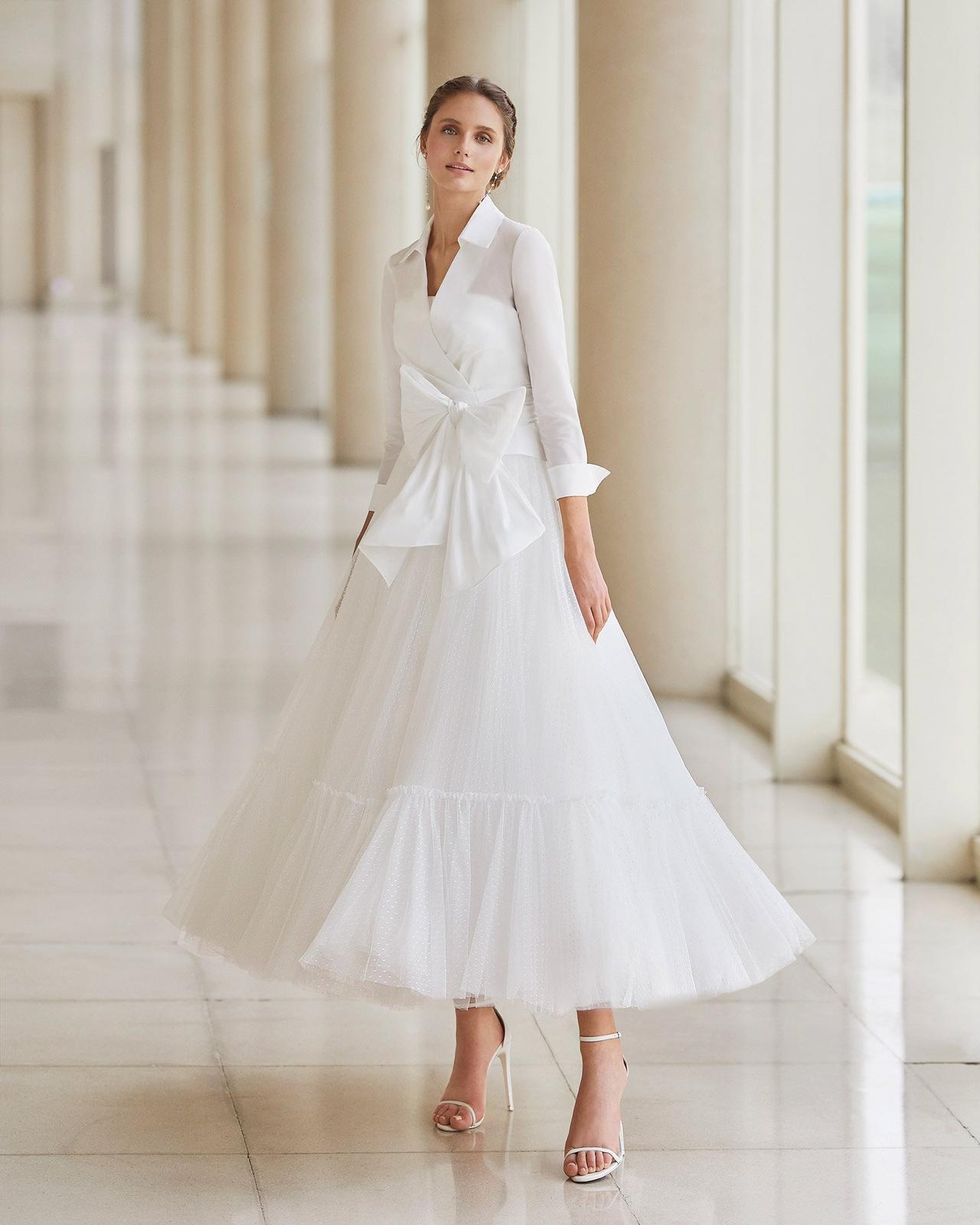 vestido de novia midi con holanes