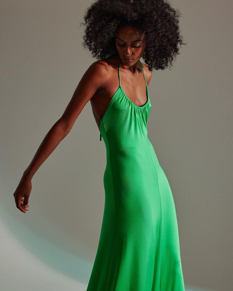 vestido de fiesta para boda verde escote redondo