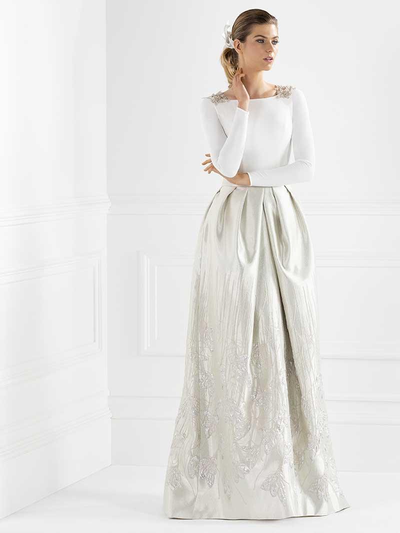 vestido de novia manga larga y falda en color gris con brillo