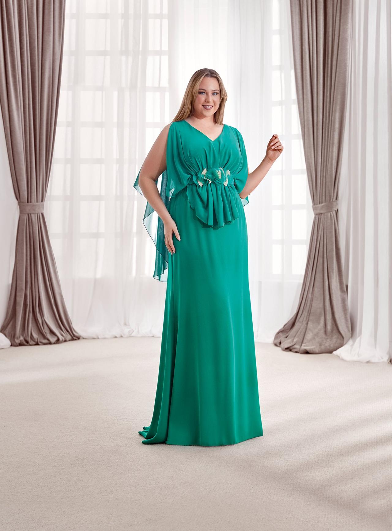 vestido de fiesta largo para boda en color verde con moño en la cintura