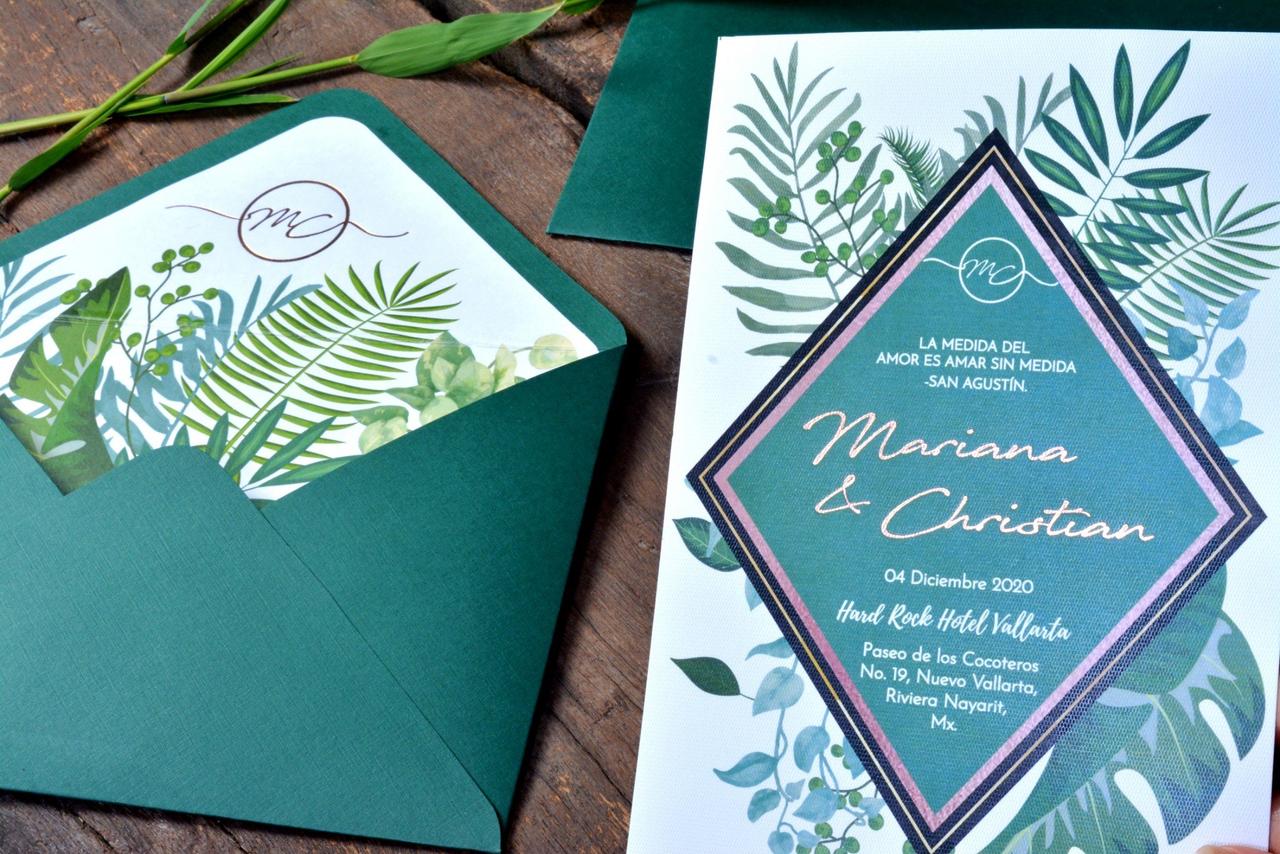 invitación de boda con ilustraciones botánicas