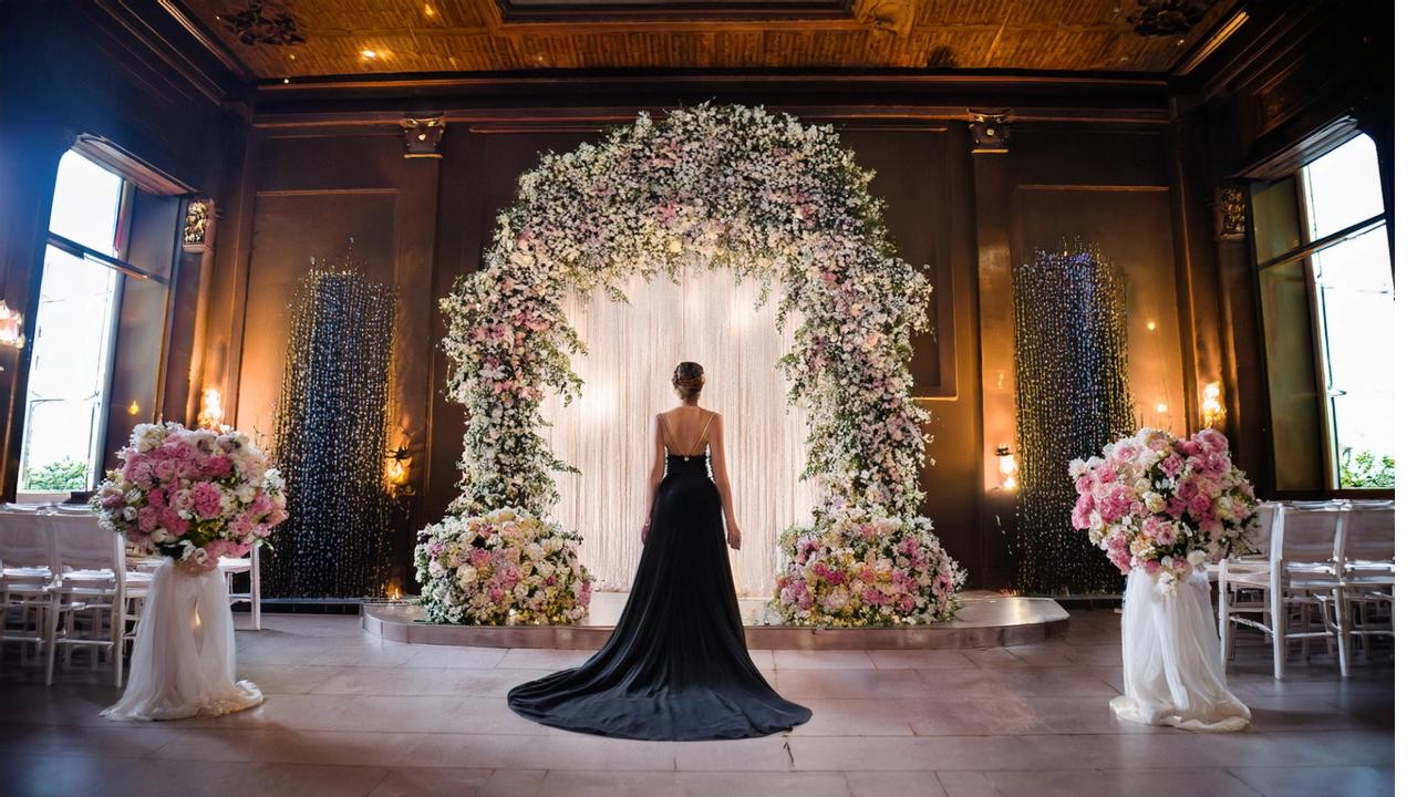Novia con vestido negro frente al altar de flores