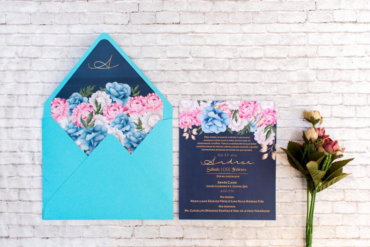 invitación de boda en color verde agua y flores rosas