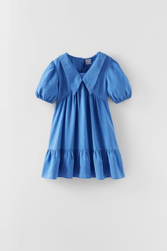 vestido de fiesta para niña corto azul con mangas cortas abullonadas