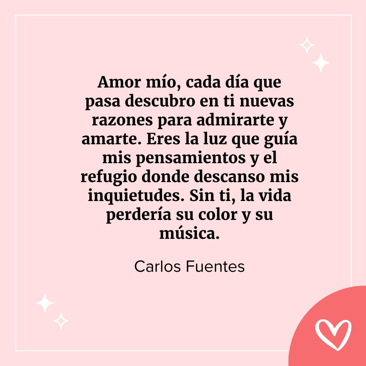 cartas de amor famosas: Amor mío, cada día que pasa descubro en ti nuevas razones para admirarte y amarte. Eres la luz que guía mis pensamientos y el refugio donde descanso mis inquietudes. Sin ti, la vida perdería su color y su música.