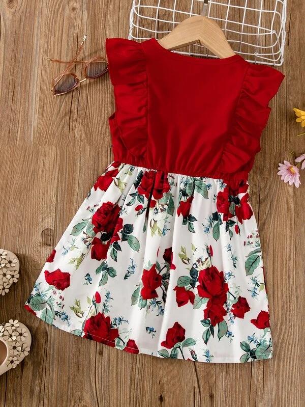 vestido de fiesta para niña rojo con falda floral