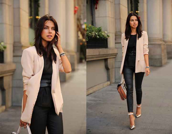 Si gustas algo obscuro pero con los colores de tu tema un saco rosa con el fondo negro y unas zapati