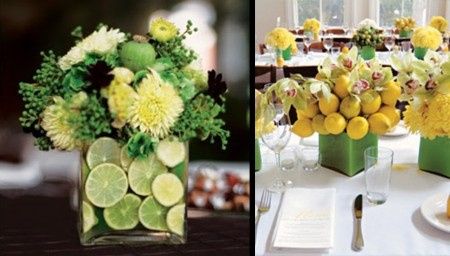 centro de mesa con frutas y flores