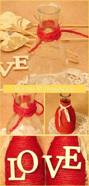 Montaje y preparación de botellas de cristal forrados con cuerdas