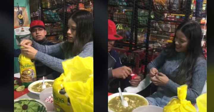 Novio propone matrimonio con una bolsa de tostadas y pozole 😋 - 1
