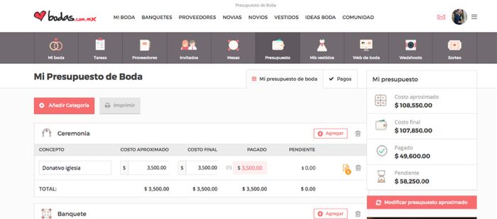 Recueadro rosa: modificar presupuesto