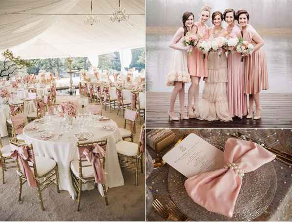Damas y arreglo de mesas rosa y dorado