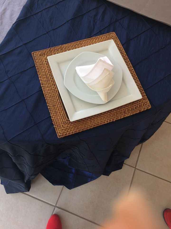 asi sera el mantel azul que ira en las mesas redondas, y la eleccion de platos que decidimos poner, 