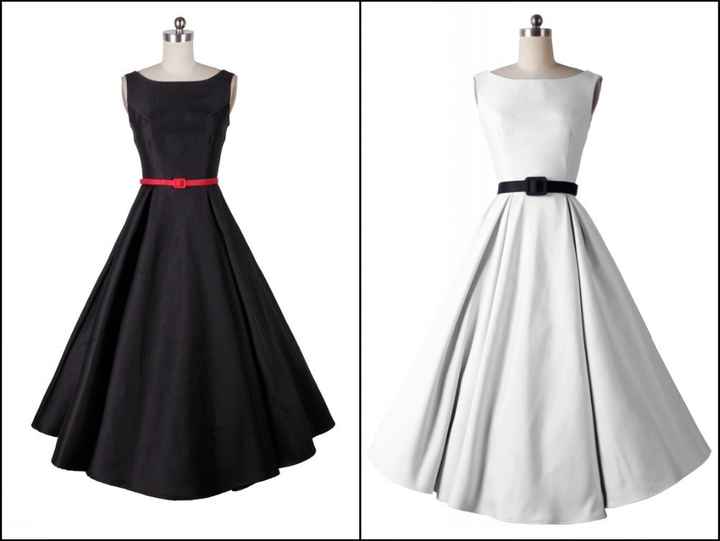 modelo 1. vestido en negro con cintilla morada o vestido morado con cintilla turqueza