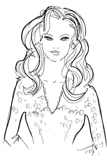 Escote: en pico con manga larga. Peinado sugerido: ondas marcadas estilo diva de Hollywood. Nota: Un