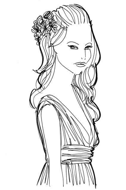 Escote: en pico corte imperial. Peinado sugerido:  semirrecogido desenfadado adornado con flores si 