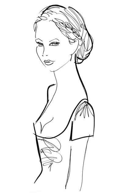 Escote: cuadrado. Peinado sugerido: recogido bajo con corona trenzada o mini trenzas laterales. Nota