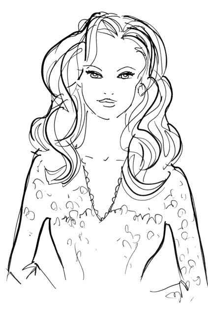 Escote: en pico con manga larga. Peinado sugerido: ondas marcadas estilo diva de Hollywood. Nota: Un