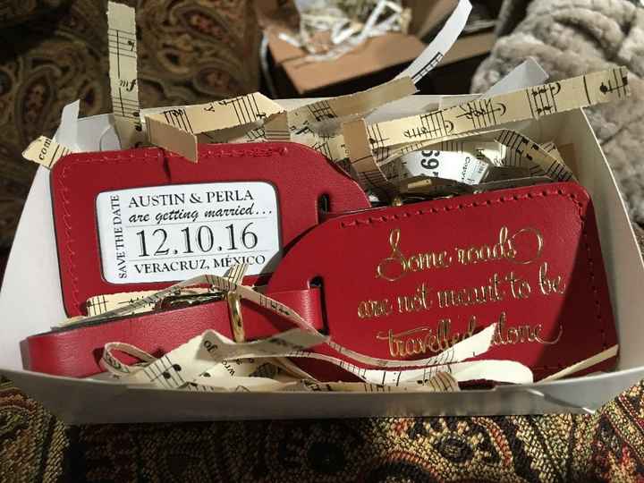 Caja con relleno y su par de travel tags