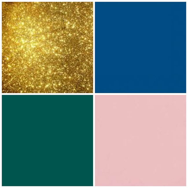 Rosa palo, verde esmeralda, azul marino y dorado