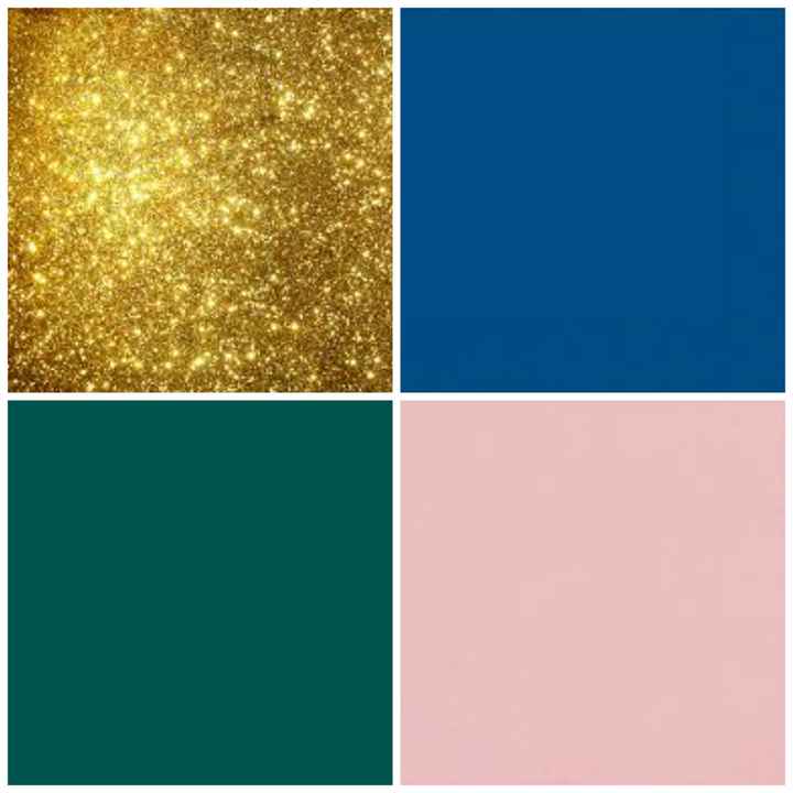 Rosa palo, verde esmeralda, azul marino y dorado