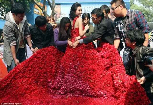 Propone matrimonio a su novia con un vestido hecho de 9999 rosas