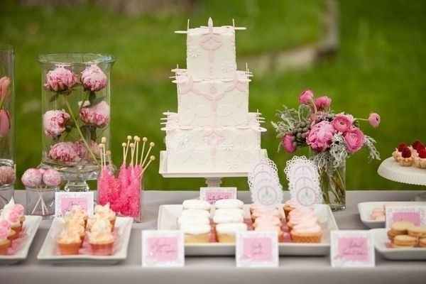 Pastel y mesa de postres
