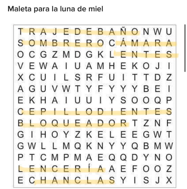 Sopa de letras: Maleta para la luna de miel 🎒 - 1