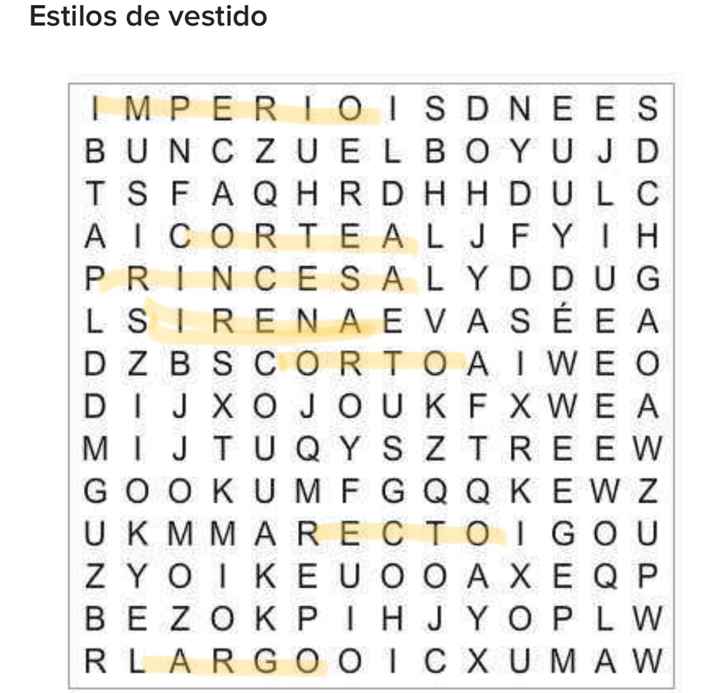 Sopa de letras: Estilos de vestido 👰 - 1