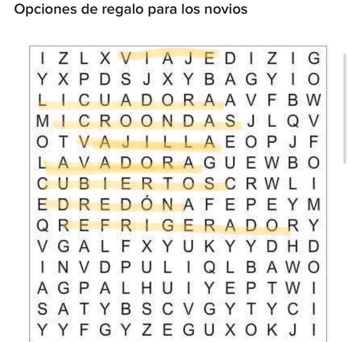 Sopa de letras: Opciones de regalo para los novios 🎁 - 1