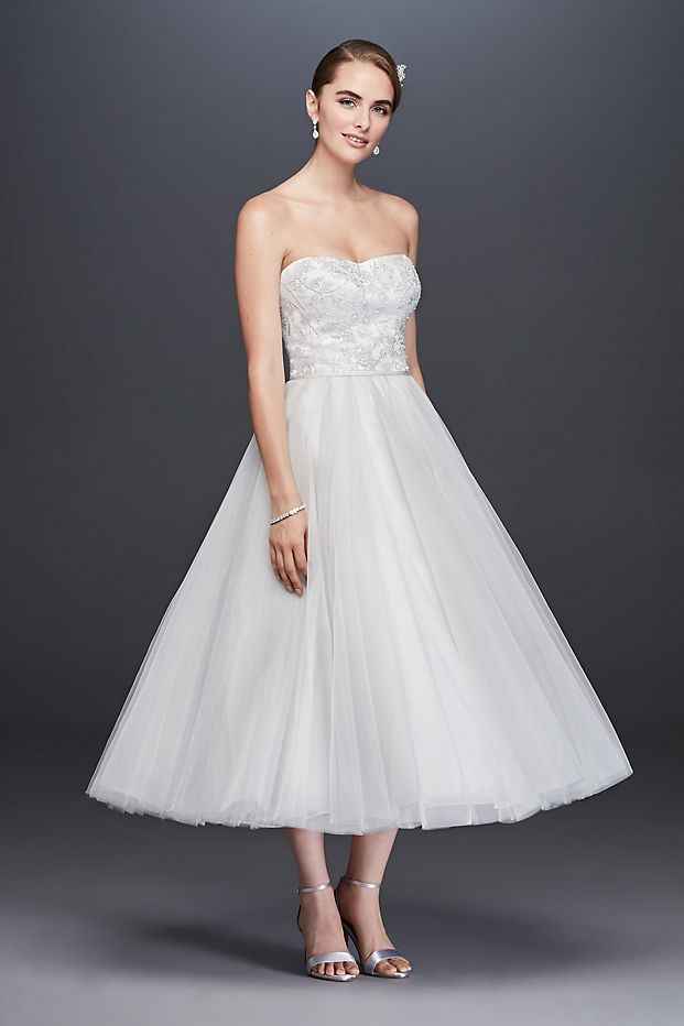 Lace Appliqued Tulle Tea-Length Wedding Dress 