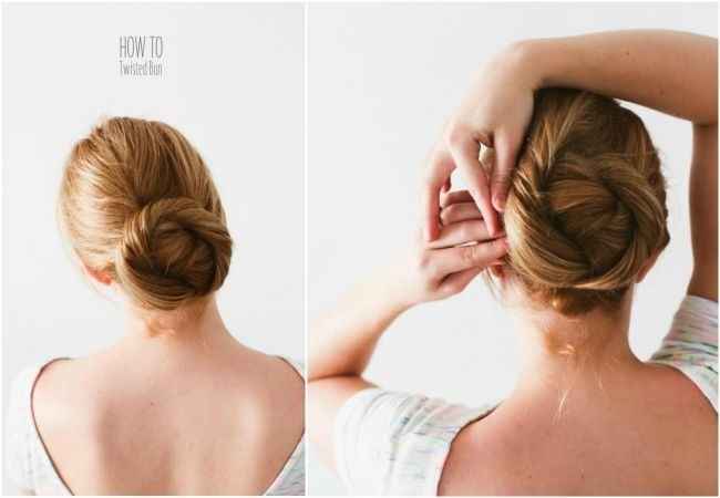 Moño formal sencillo con mechones enroscados.