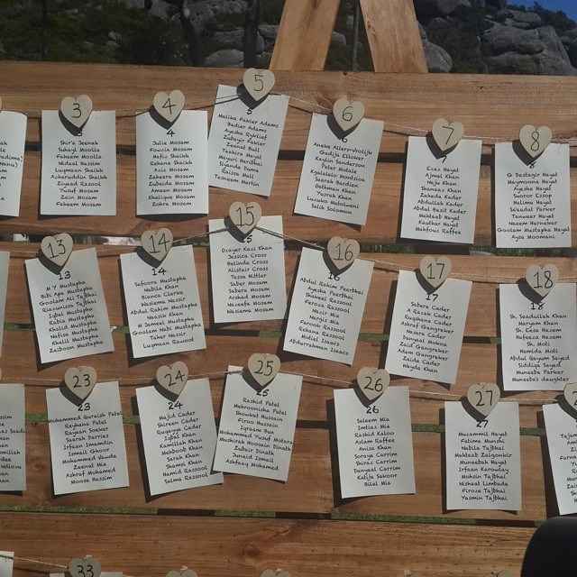 Seating para una boda con tarjetas sobre tabla de maderas