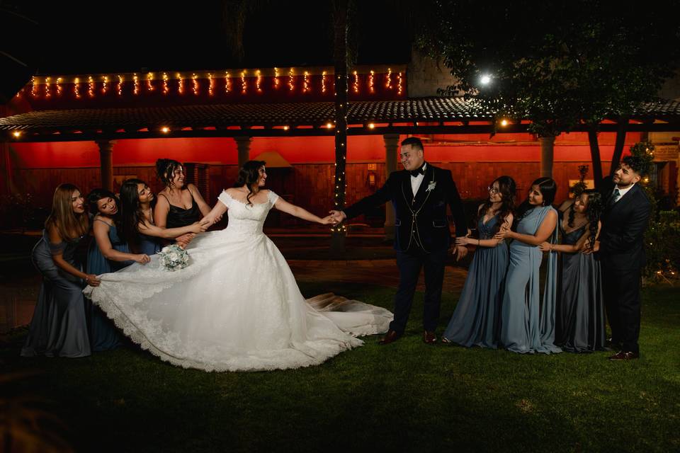 Novios con sus damas de honor y bestmen en el jardín