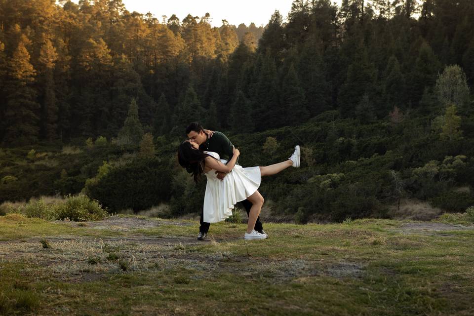 Novios besándose en medio del campo