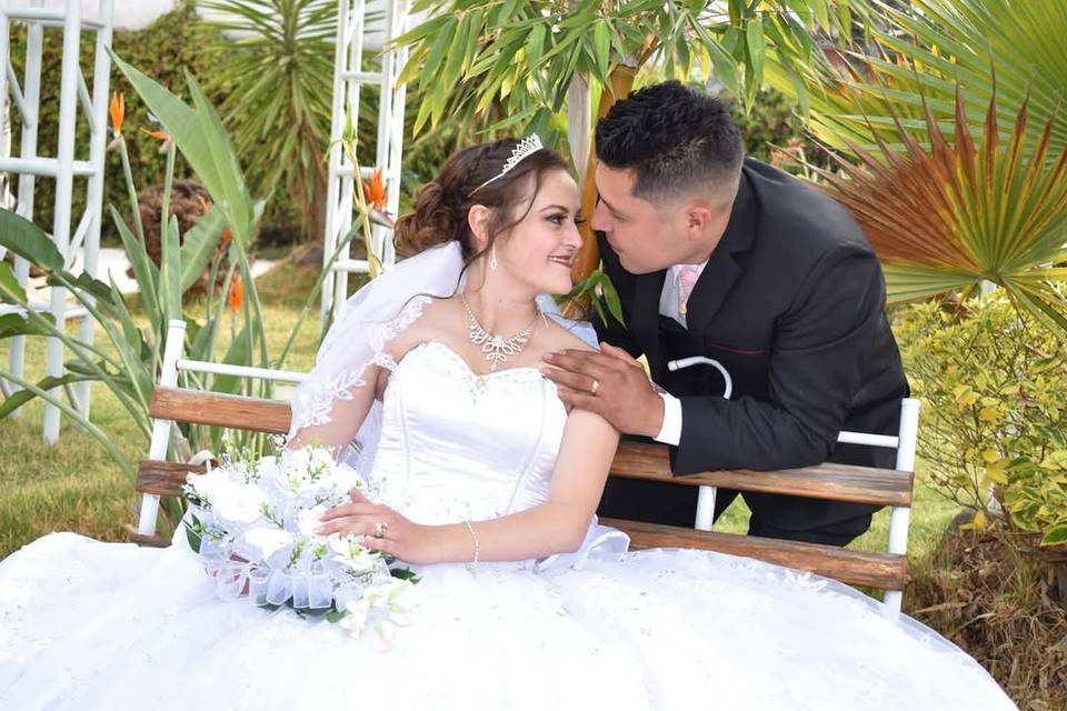 Novios sentados en un jardín