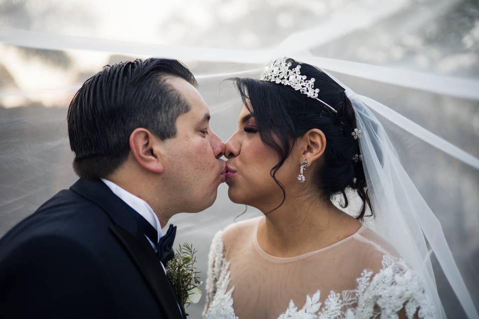 Novios dándose un beso bajo el velo de novia