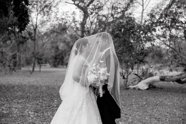 Pareja bajo el velo de novia en un jardín