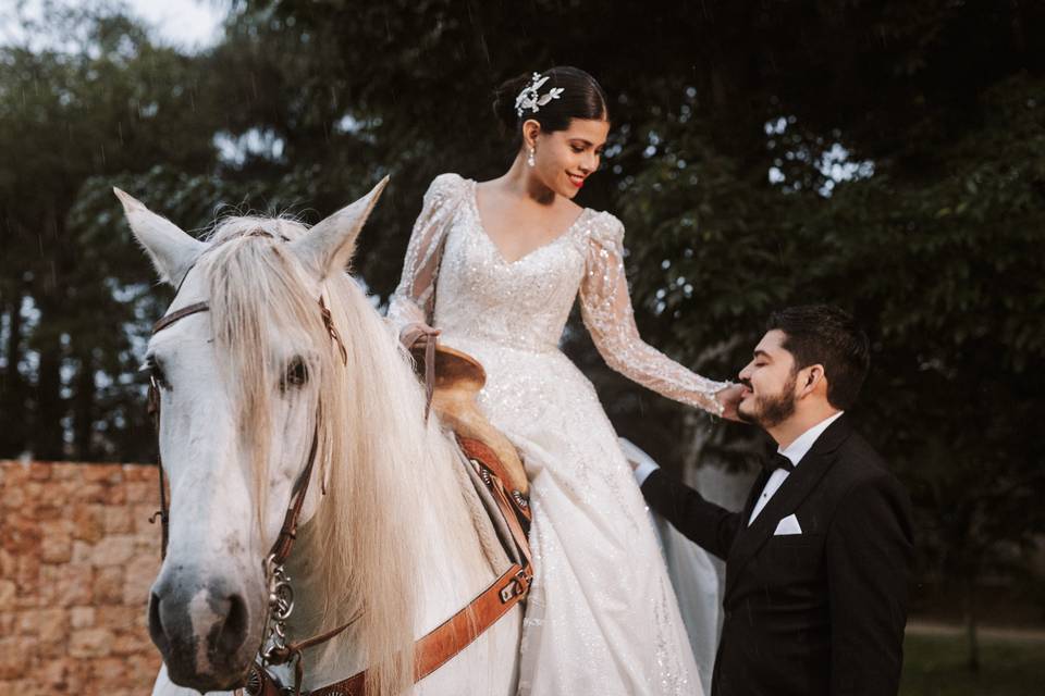 Novia encima del caballo y novio parado