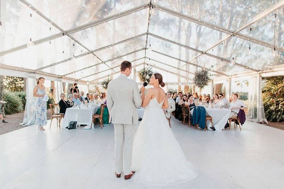 Carpa transparente en banquete