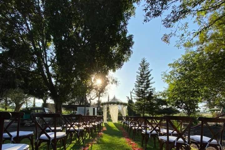 Jardín decorada para cemonia con un pasillo de flores