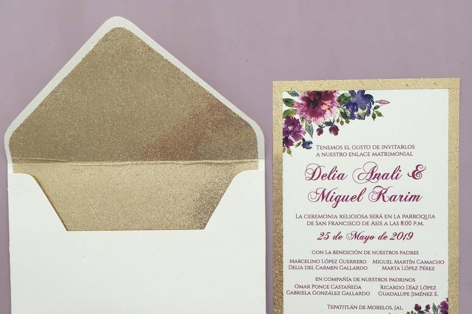 Invitación floral con glitter