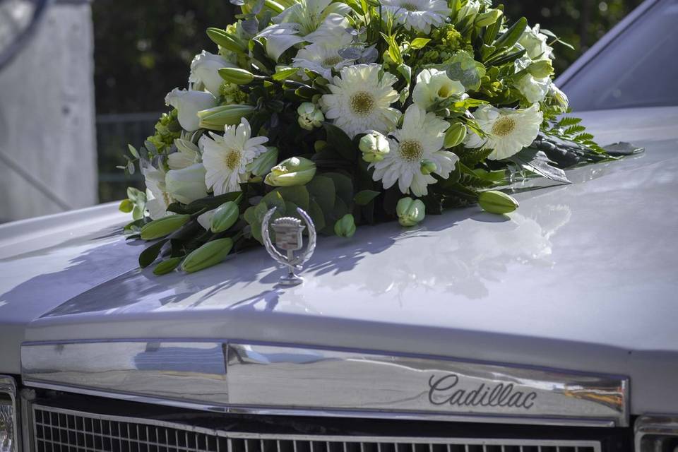 Carro adornado con flores blancas