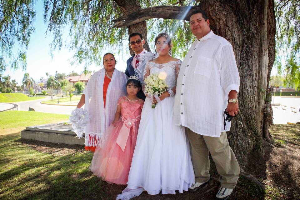 Novios con su familia posando frente a un árbol