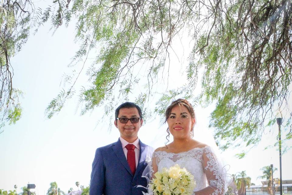 Recién casados en el jardín