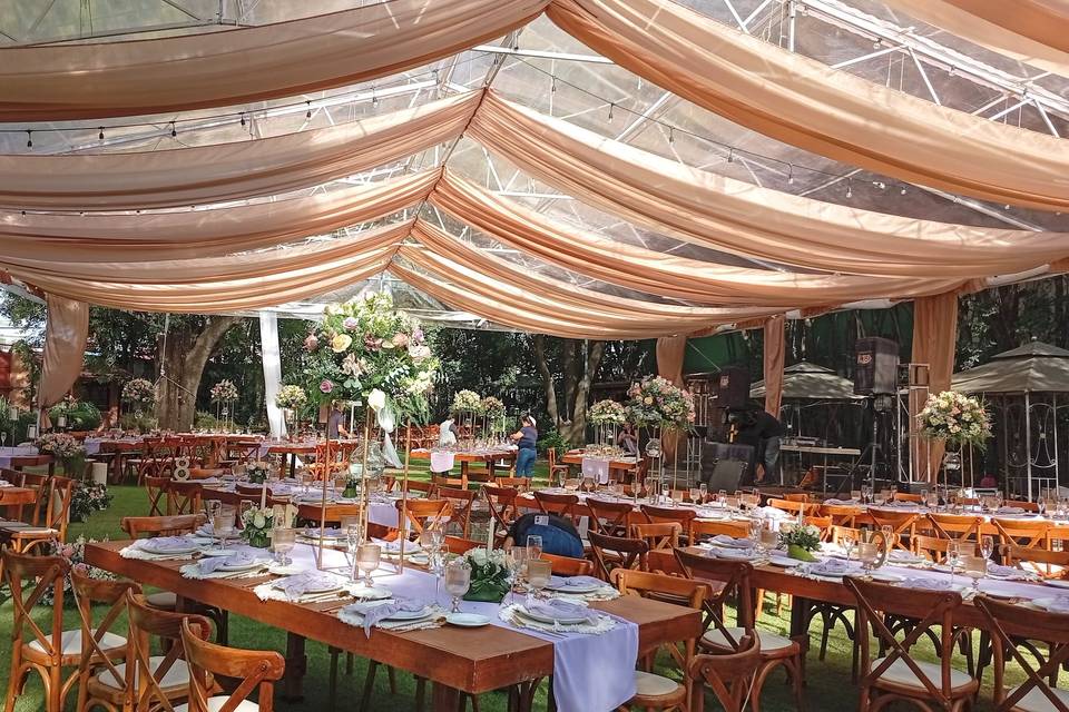 Carpa transparente con telas