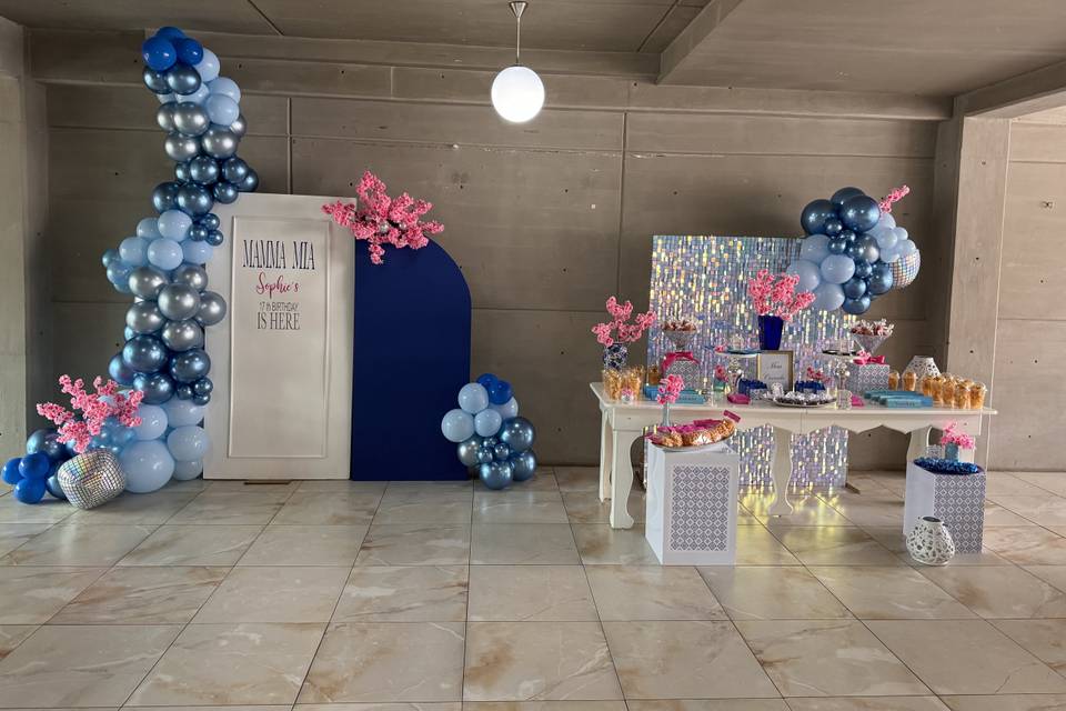 Backdrop y candy bar mamma Mia