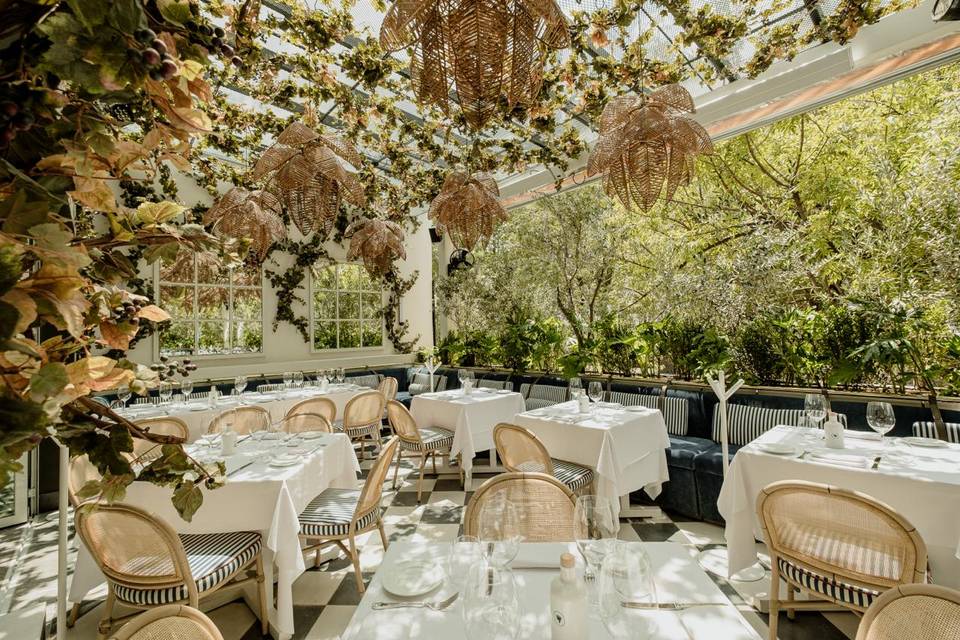 Terraza con follaje y mesas con manteles blancos